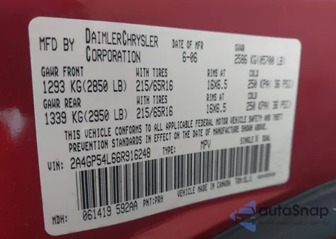 2006 Chrysler Town & Country Touring z USA, uszkodzony, nr VIN 2A4GP54L66R916248